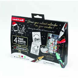 Folyékony krétamarker készlet, karácsonyi 4db/csomag UNI PWE-5M 1,8-2,5mm hegy fehér, arany, metál zöld, piros