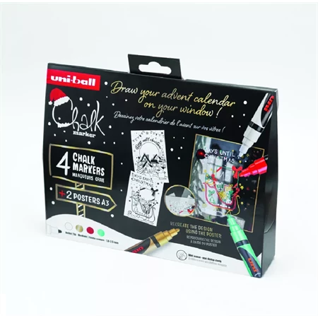 Folyékony krétamarker készlet, karácsonyi 4db/csomag UNI PWE-5M 1,8-2,5mm hegy fehér, arany, metál zöld, piros