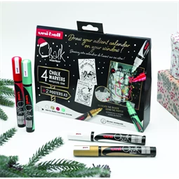 Folyékony krétamarker készlet, karácsonyi 4db/csomag UNI PWE-5M 1,8-2,5mm hegy fehér, arany, metál zöld, piros