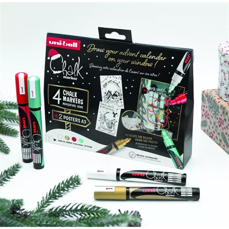 Folyékony krétamarker készlet, karácsonyi 4db/csomag UNI PWE-5M 1,8-2,5mm hegy fehér, arany, metál zöld, piros