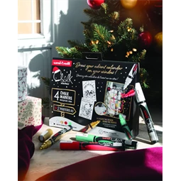 Folyékony krétamarker készlet, karácsonyi 4db/csomag UNI PWE-5M 1,8-2,5mm hegy fehér, arany, metál zöld, piros