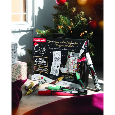 Folyékony krétamarker készlet, karácsonyi 4db/csomag UNI PWE-5M 1,8-2,5mm hegy fehér, arany, metál zöld, piros