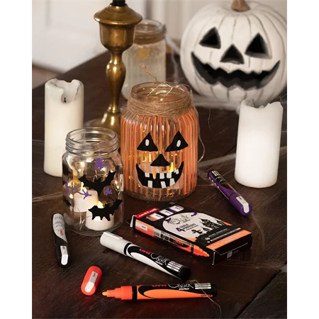 Folyékony krétamarker készlet, halloweeni 5db/csomag UNI PWE-5M 1,8-2,5mm hegy fekete, fehér, fl narancs és lila színek