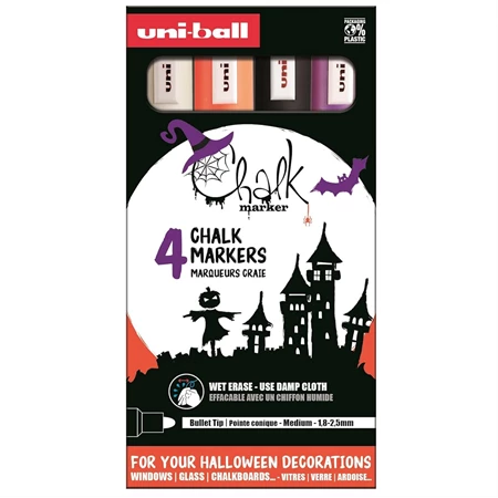 Folyékony krétamarker készlet, halloweeni 5db/csomag UNI PWE-5M 1,8-2,5mm hegy fekete, fehér, fl narancs és lila színek