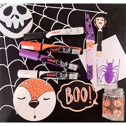 Folyékony krétamarker készlet, halloweeni 5db/csomag UNI PWE-5M 1,8-2,5mm hegy fekete, fehér, fl narancs és lila színek