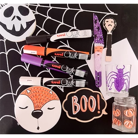 Folyékony krétamarker készlet, halloweeni 5db/csomag UNI PWE-5M 1,8-2,5mm hegy fekete, fehér, fl narancs és lila színek