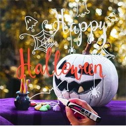 Folyékony krétamarker készlet, halloweeni 5db/csomag UNI PWE-5M 1,8-2,5mm hegy fekete, fehér, fl narancs és lila színek