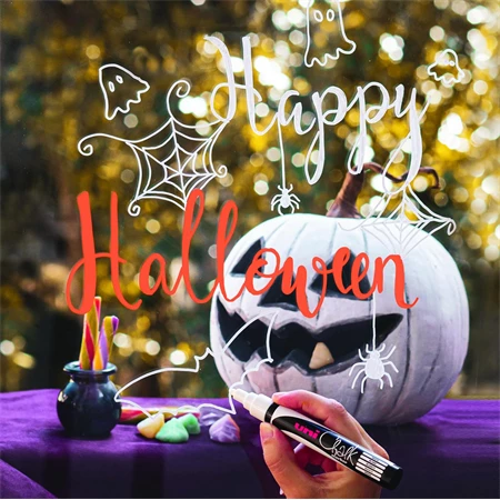 Folyékony krétamarker készlet, halloweeni 5db/csomag UNI PWE-5M 1,8-2,5mm hegy fekete, fehér, fl narancs és lila színek