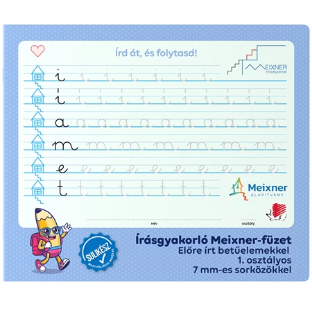 Füzet 235x280mm Meixner írás gyakorló, 1. osztályos 7mm sorközzel, ICO Süni 32lap, előre megírt betűkkel, álló 235x280mm