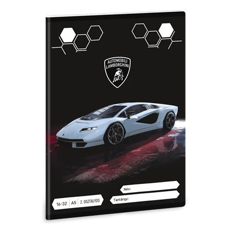 Füzet A/5 2.osztály vonalas ARS UNA 32lap Lamborghini fekete-fehér 16-32