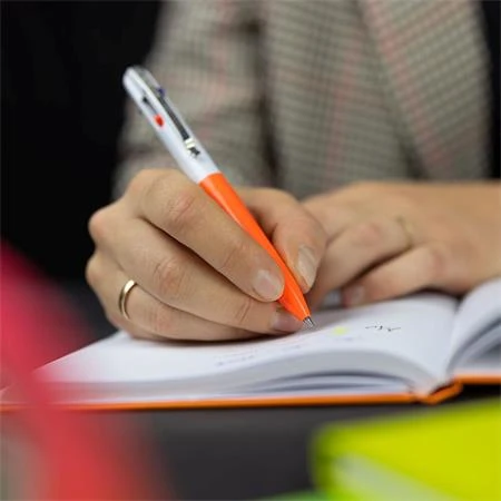 Golyóstoll SCHNEIDER négyszínű  0,5 mm, nyomógombos, Take 4 Neon narancs-fehér tolltest