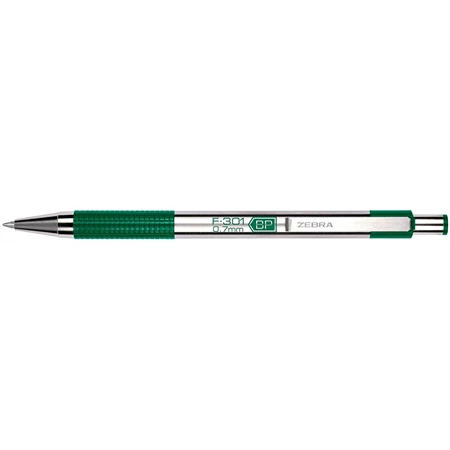 Golyóstoll ZEBRA F-301 zöld külső, nyomógombos, 0,24 írásvastagság, acél tolltest