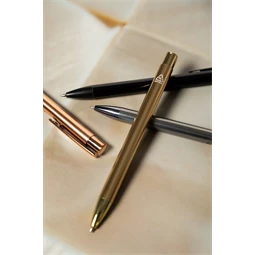 Golyóstoll újrahasznosított alumínium, fényes metál felületű arany szinű testtel, kék írásszin