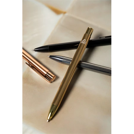 Golyóstoll újrahasznosított alumínium, fényes metál felületű arany szinű testtel, kék írásszin