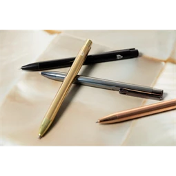 Golyóstoll újrahasznosított alumínium, fényes metál felületű arany szinű testtel, kék írásszin