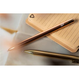 Golyóstoll újrahasznosított alumínium, fényes metál felületű arany szinű testtel, kék írásszin