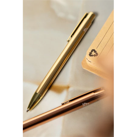 Golyóstoll újrahasznosított alumínium, fényes metál felületű arany szinű testtel, kék írásszin