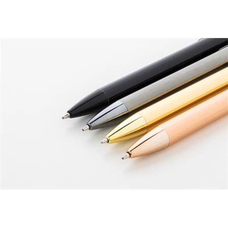 Golyóstoll újrahasznosított alumínium, fényes metál felületű arany szinű testtel, kék írásszin