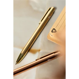 Golyóstoll újrahasznosított alumínium, fényes metál felületű rózsaarany szinű testtel, kék írásszin