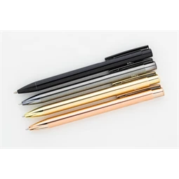 Golyóstoll újrahasznosított alumínium, fényes metál felületű rózsaarany szinű testtel, kék írásszin