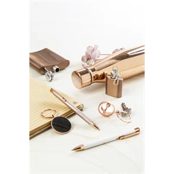 Golyóstoll újrahasznosított alumínium, matt felületű testtel, texturált markolatú, fehér test, rózsaarany klipsz