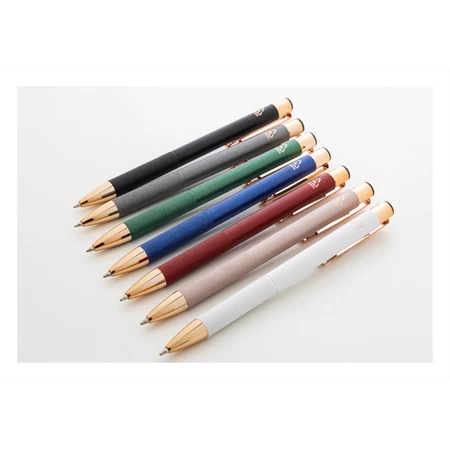 Golyóstoll újrahasznosított alumínium, matt felületű testtel, texturált markolatú, fehér test, rózsaarany klipsz