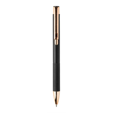 Golyóstoll újrahasznosított alumínium, matt felületű testtel, texturált markolatú, fekete test, rózsaarany klipsz