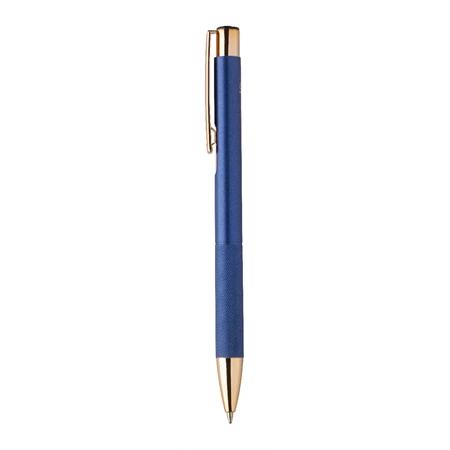 Golyóstoll újrahasznosított alumínium, matt felületű testtel, texturált markolatú, kék test, rózsaarany klipsz