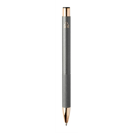 Golyóstoll újrahasznosított alumínium, matt felületű testtel, texturált markolatú, szürke test, rózsaarany klipsz