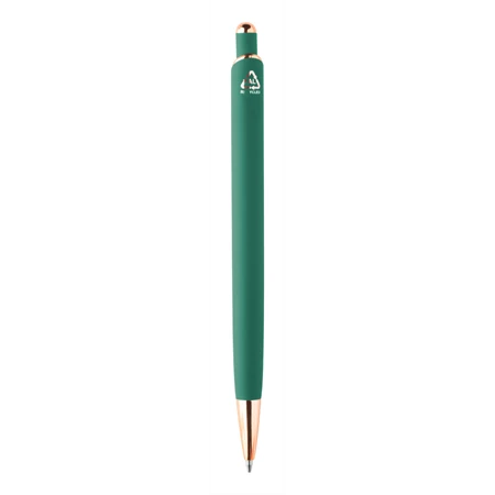 Golyóstoll újrahasznosított alumínium, nyomógombos, gumírozott felülettel, rózsaarany klipsz, zöld 11×144 mm