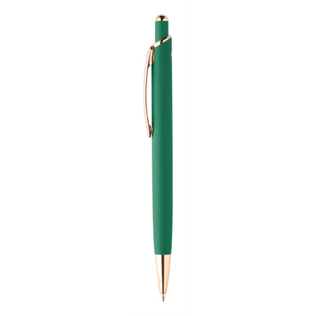 Golyóstoll újrahasznosított alumínium, nyomógombos, gumírozott felülettel, rózsaarany klipsz, zöld 11×144 mm