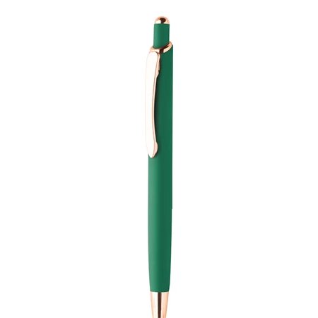Golyóstoll újrahasznosított alumínium, nyomógombos, gumírozott felülettel, rózsaarany klipsz, zöld 11×144 mm