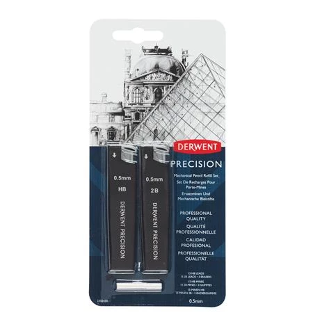Grafitbél szett, 0,5 mm, HB, 2B, DERWENT "Precision"  + 3 tartalék radír