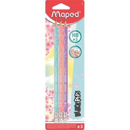 Ceruza MAPED Black Peps Pastel háromszögletű HB radíros 3db