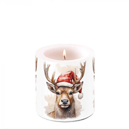 Gyertya átvilágítós AMBIENTE Deer with Santa hat White 8x7,5cm