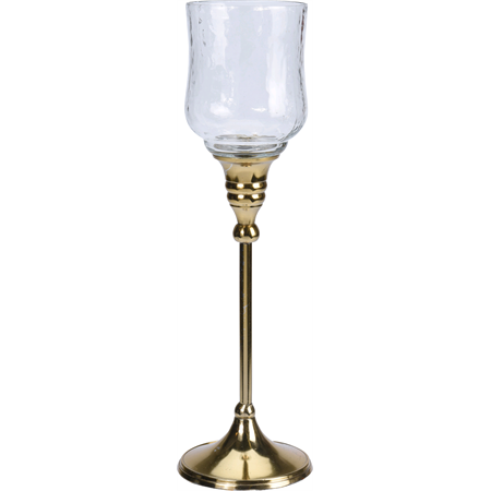 Gyertyatartó üveg, arany talpon 9x9x31cm