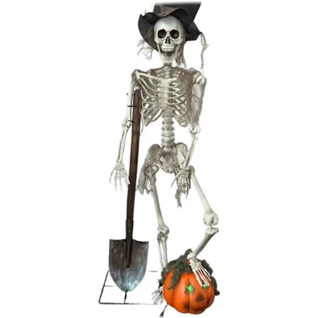 Halloween dekoráció csontváz ásóval, tökkel beszélő, mozgó műanyag 32x19x92 cm fehér, fekete