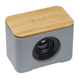 Hangszóró bluetooth mészkőcementből 10,7 x 6,4 x 7,7cm bambusz felsővel, vezeték nélküli töltő