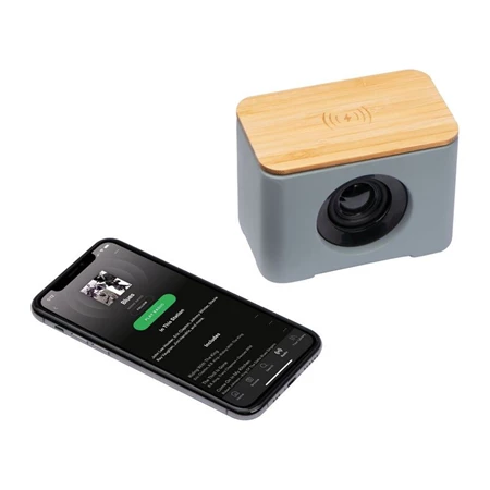 Hangszóró bluetooth mészkőcementből 10,7 x 6,4 x 7,7cm bambusz felsővel, vezeték nélküli töltő