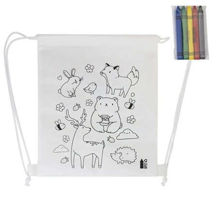 Hátizsák színezhető mintával non-woven 5db zsírkrétával, 25x30cm erdei állatok minta