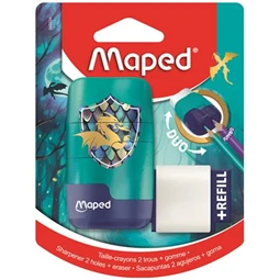 Hegyező + Radír MAPED Connect Dragon 2 az 1-ben, 2 lyukú hegyező és radír, pótradírral, sárkány mintával