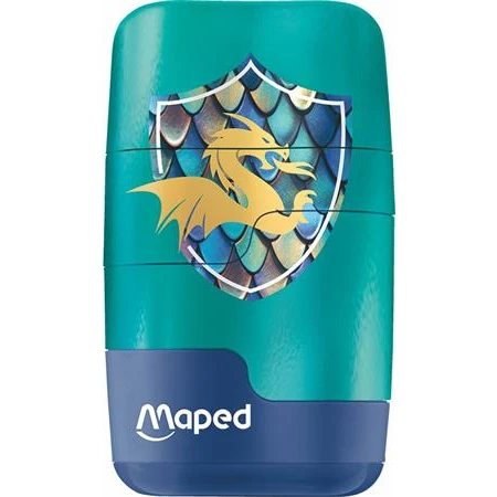 Hegyező + Radír MAPED Connect Dragon 2 az 1-ben, 2 lyukú hegyező és radír, pótradírral, sárkány mintával