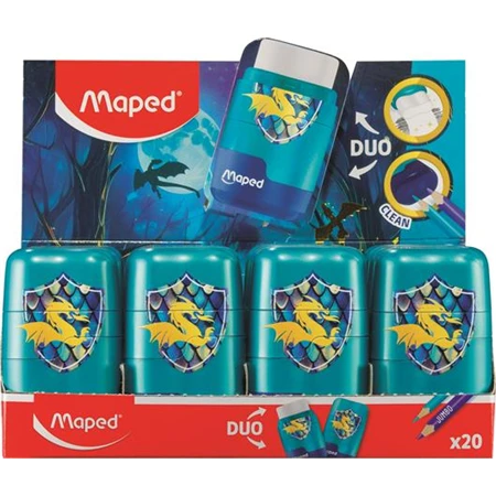 Hegyező + Radír MAPED Connect Dragon 2 az 1-ben, 2 lyukú hegyező és radír, sárkány mintával