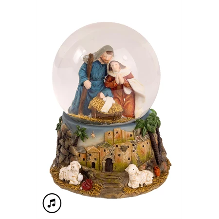 Hógömb havazó, Betlehem, Szent család, LED-es, zenélő 11,5x14cm színes