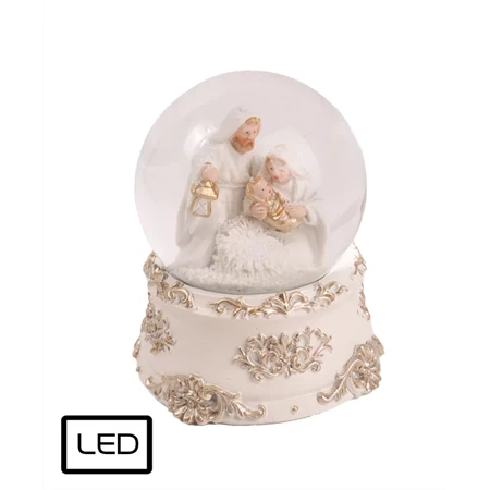 Hógömb havazó, Szent család, LED-es 7,5x9,5cm fehér-arany