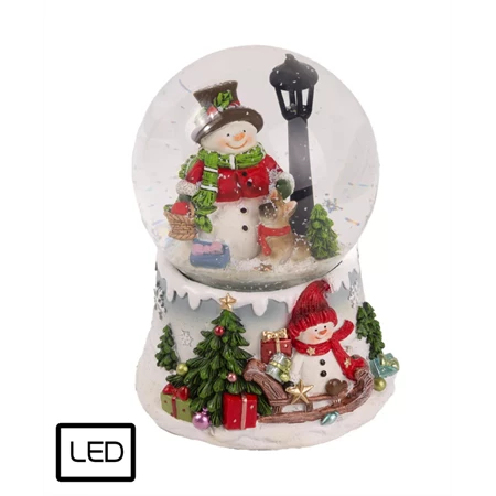 Hógömb havazó, hóember kandelláberrel, LED-es 11,5x14cm színes