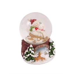 Hógömb havazó, hóemberek szánkoznak 7,5x9,5cm színes