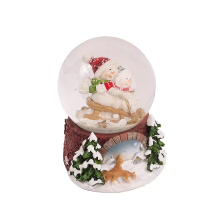 Hógömb havazó, hóemberek szánkoznak 7,5x9,5cm színes