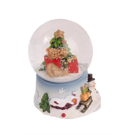Hógömb havazó, maci karácsonyfával, ajándékokkal 4,5x6,5cm színes