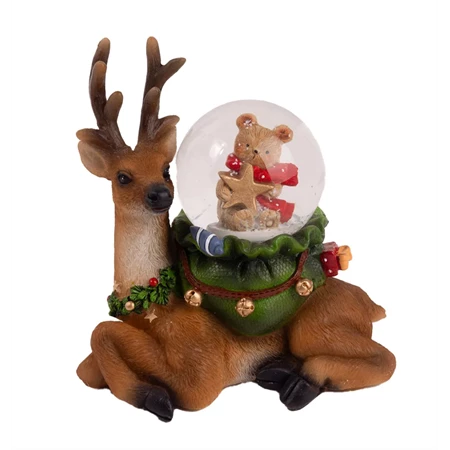 Hógömb havazó, szarvason, medve figura csillaggal 10x10,5cm színes